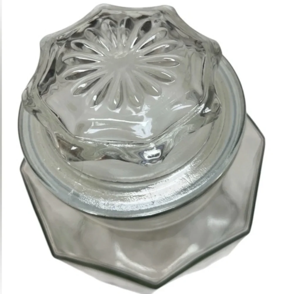 Vintage Pressed Glass Hexagon Kitchen Canister Embossed Lid Apothecary Jar